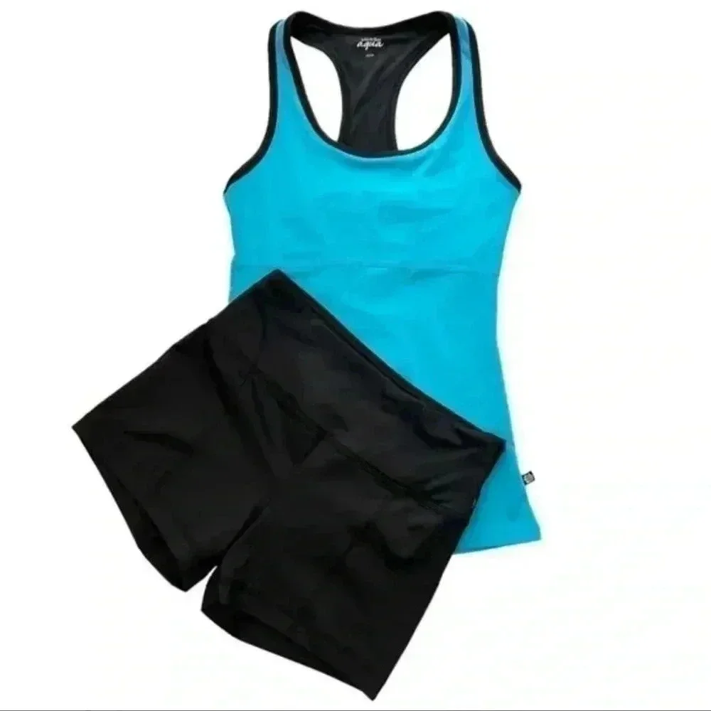 La Vie en Rose Workout Tank Top and Shorts 2 PC Activewear  Set Blue Black XS/S - Picture 2 of 12